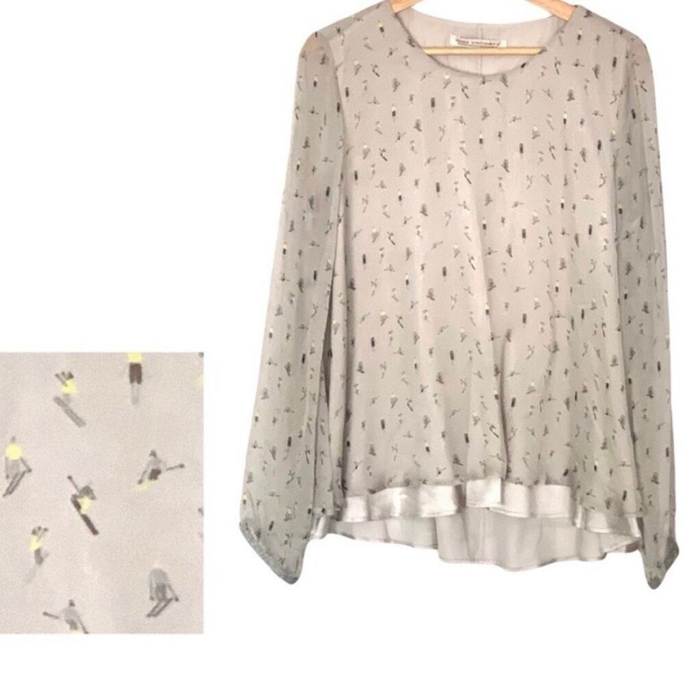 Max Volmary Silk Blouse Long Sleeve Top All Over Winter Skier Print, Women’s 8